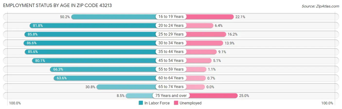 Employment Status by Age in Zip Code 43213