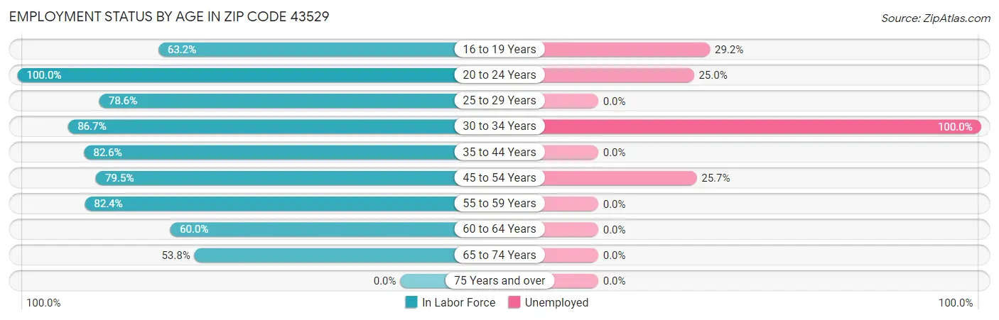 Employment Status by Age in Zip Code 43529