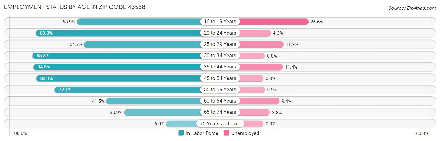Employment Status by Age in Zip Code 43558