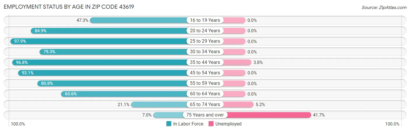 Employment Status by Age in Zip Code 43619