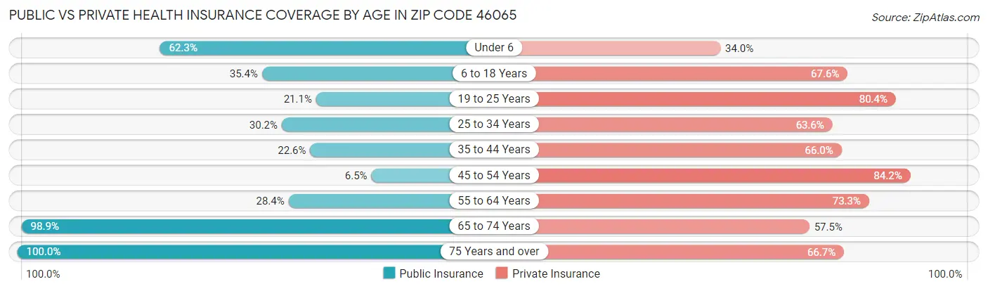 Public vs Private Health Insurance Coverage by Age in Zip Code 46065