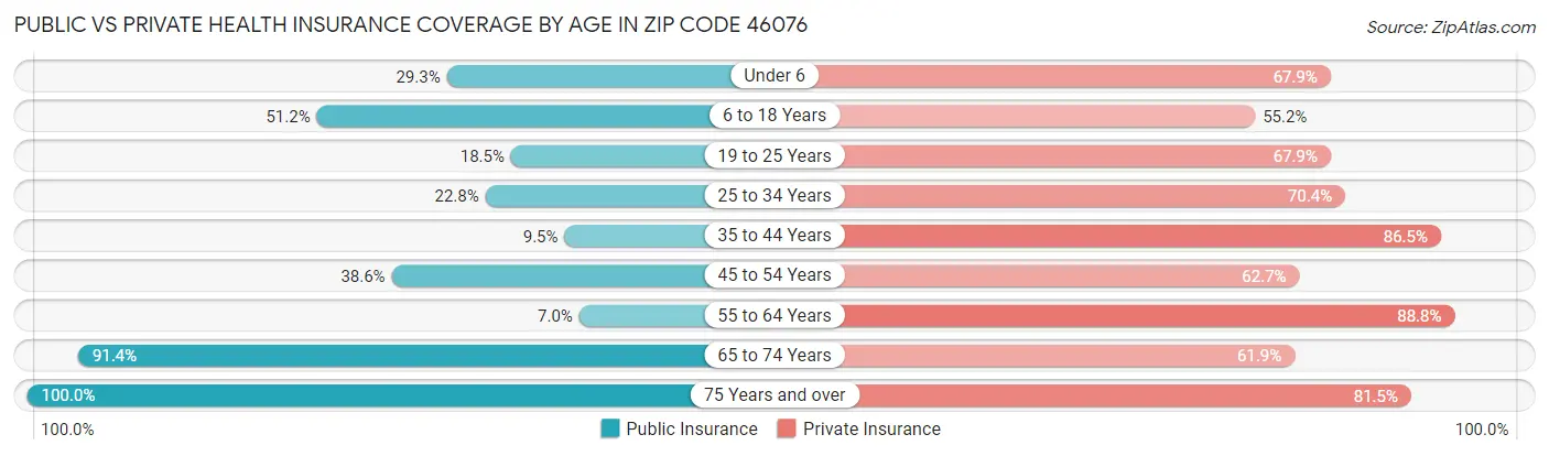 Public vs Private Health Insurance Coverage by Age in Zip Code 46076