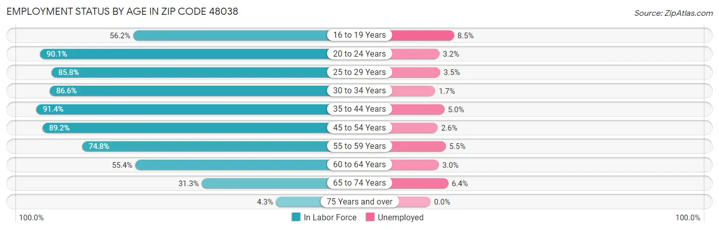 Employment Status by Age in Zip Code 48038