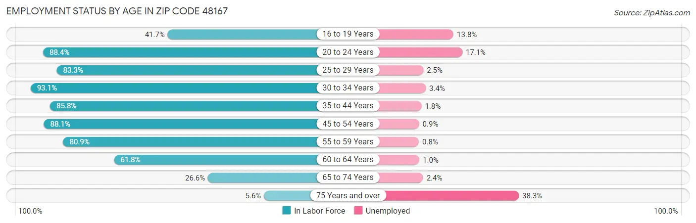 Employment Status by Age in Zip Code 48167
