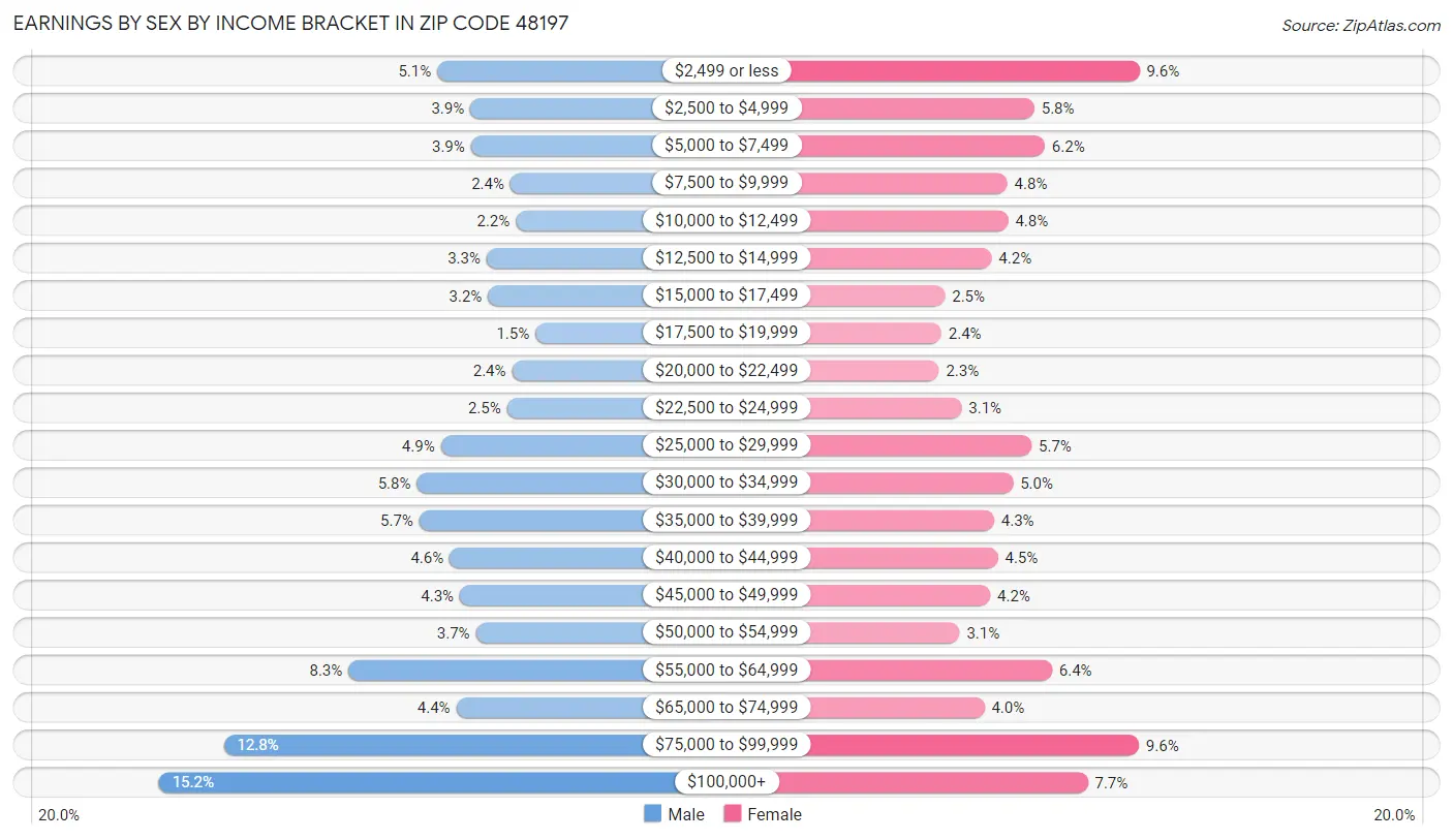 Earnings by Sex by Income Bracket in Zip Code 48197