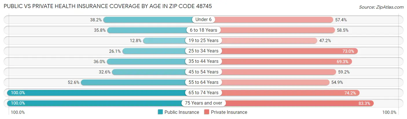 Public vs Private Health Insurance Coverage by Age in Zip Code 48745