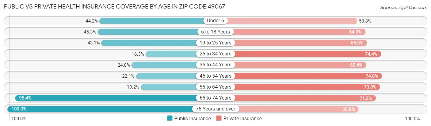 Public vs Private Health Insurance Coverage by Age in Zip Code 49067