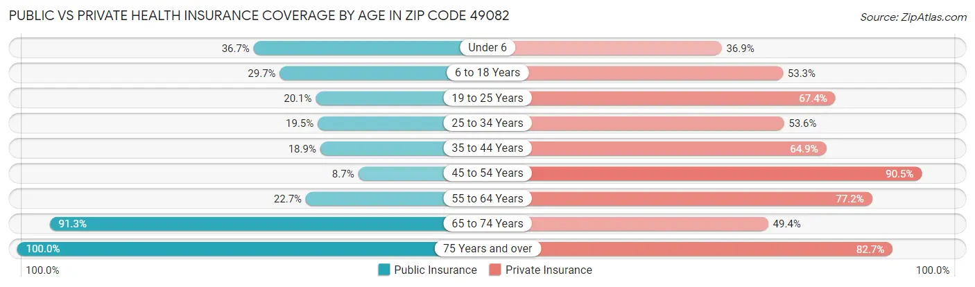 Public vs Private Health Insurance Coverage by Age in Zip Code 49082