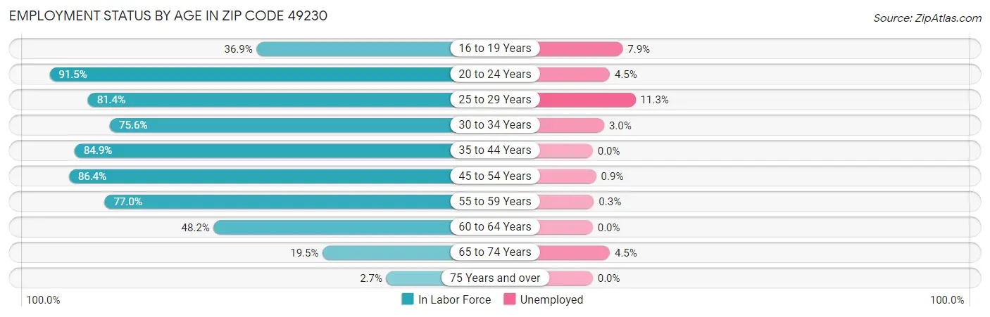 Employment Status by Age in Zip Code 49230