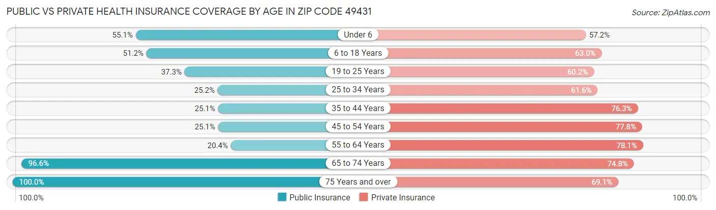 Public vs Private Health Insurance Coverage by Age in Zip Code 49431