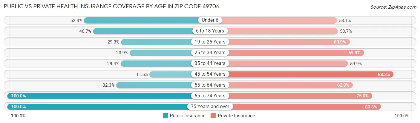 Public vs Private Health Insurance Coverage by Age in Zip Code 49706
