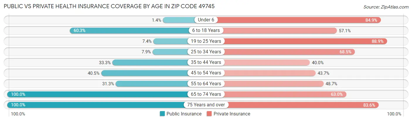 Public vs Private Health Insurance Coverage by Age in Zip Code 49745