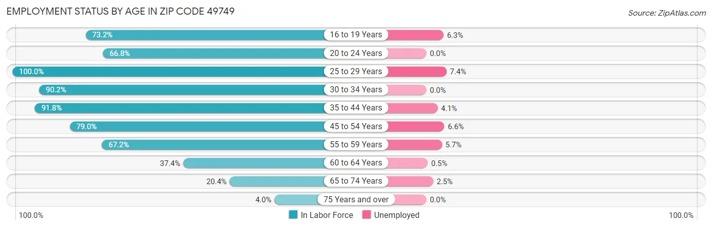 Employment Status by Age in Zip Code 49749