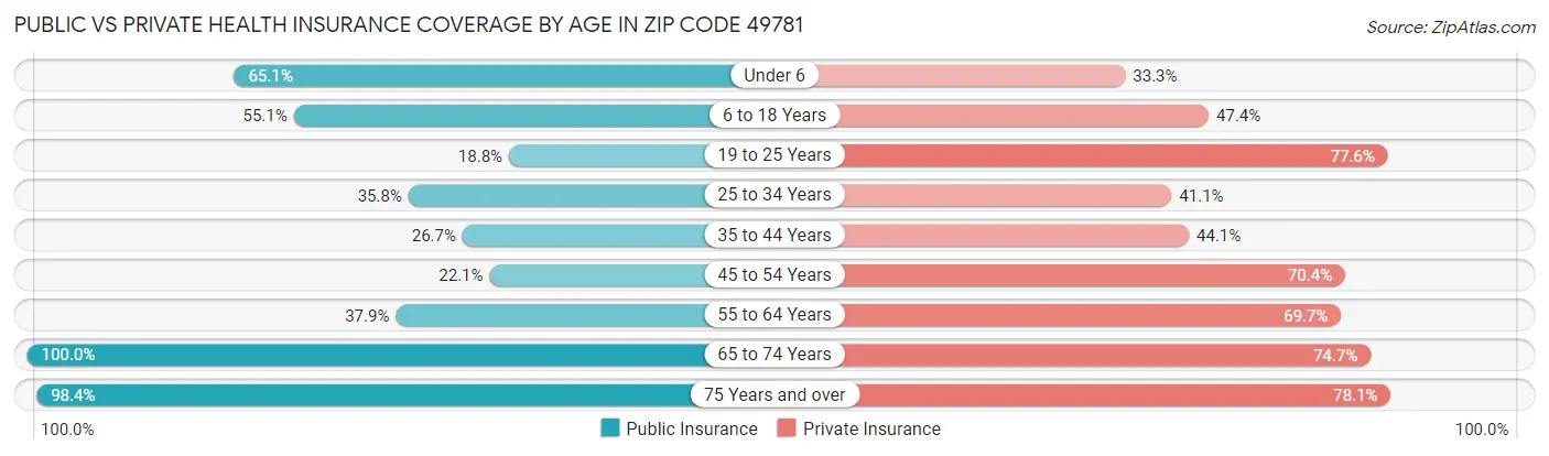 Public vs Private Health Insurance Coverage by Age in Zip Code 49781