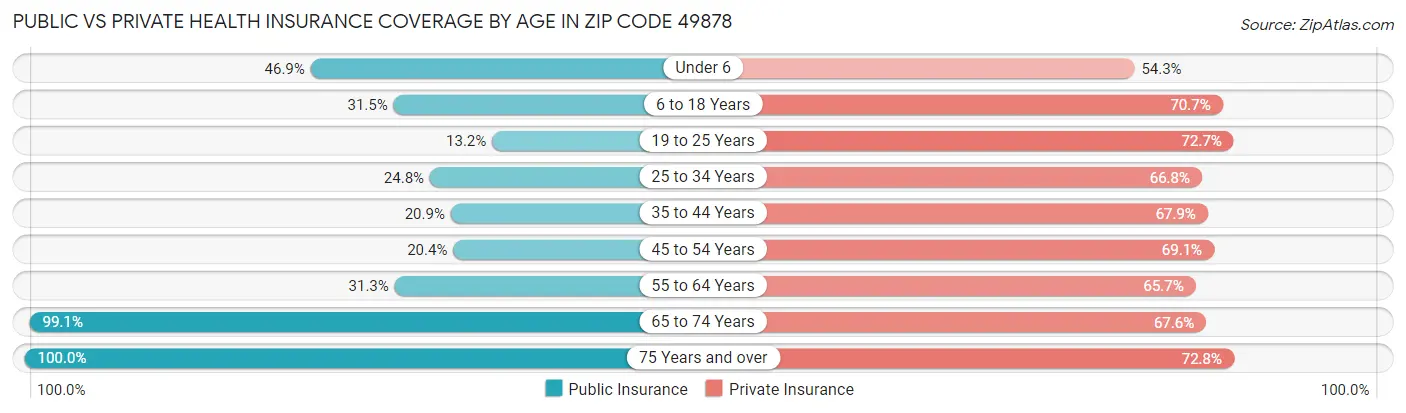 Public vs Private Health Insurance Coverage by Age in Zip Code 49878