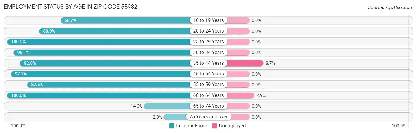 Employment Status by Age in Zip Code 55982