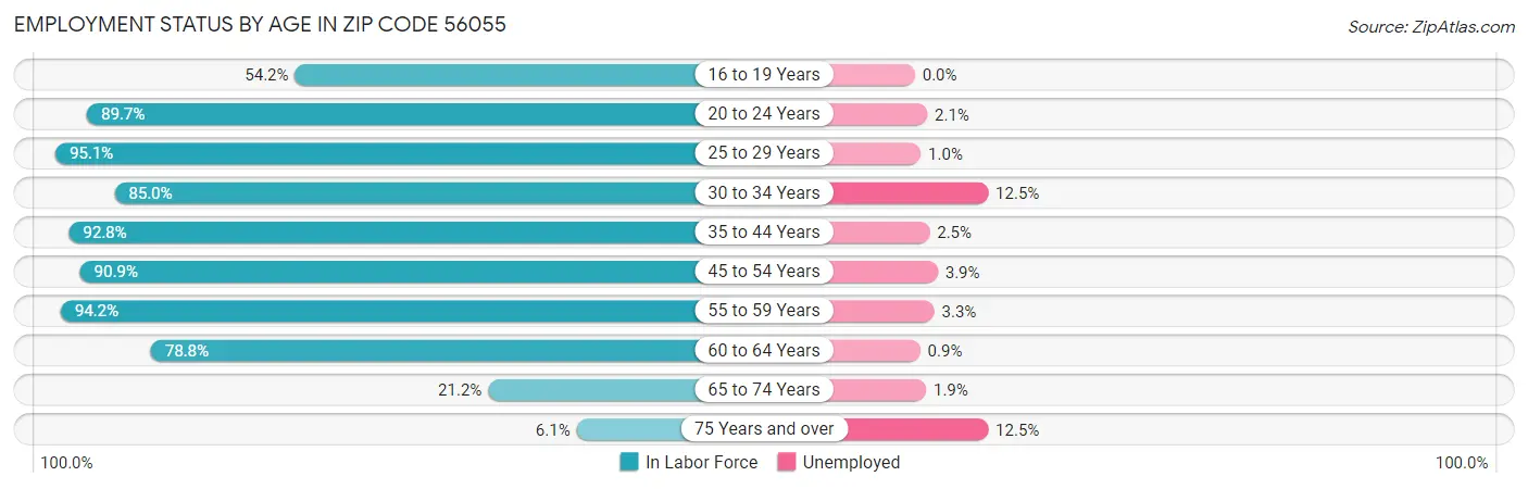 Employment Status by Age in Zip Code 56055