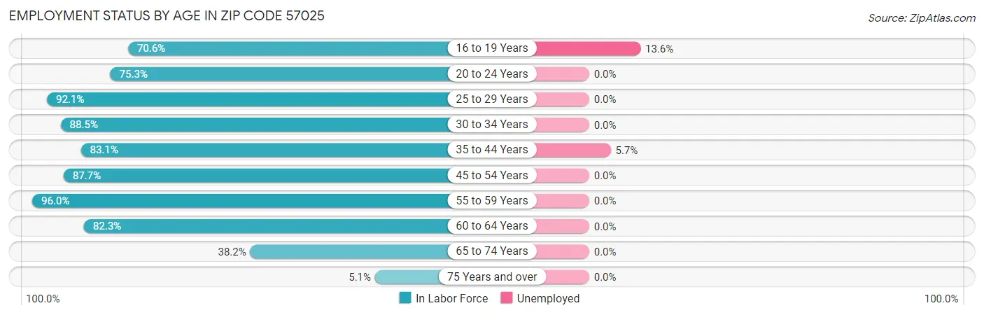 Employment Status by Age in Zip Code 57025