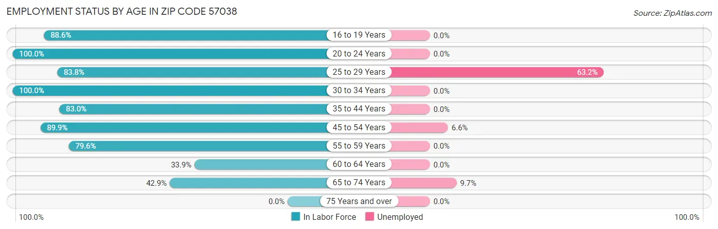 Employment Status by Age in Zip Code 57038