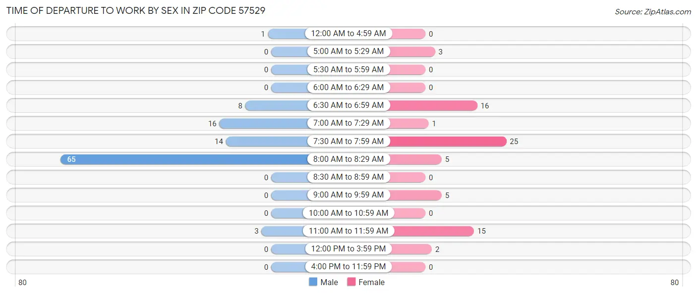 Time of Departure to Work by Sex in Zip Code 57529