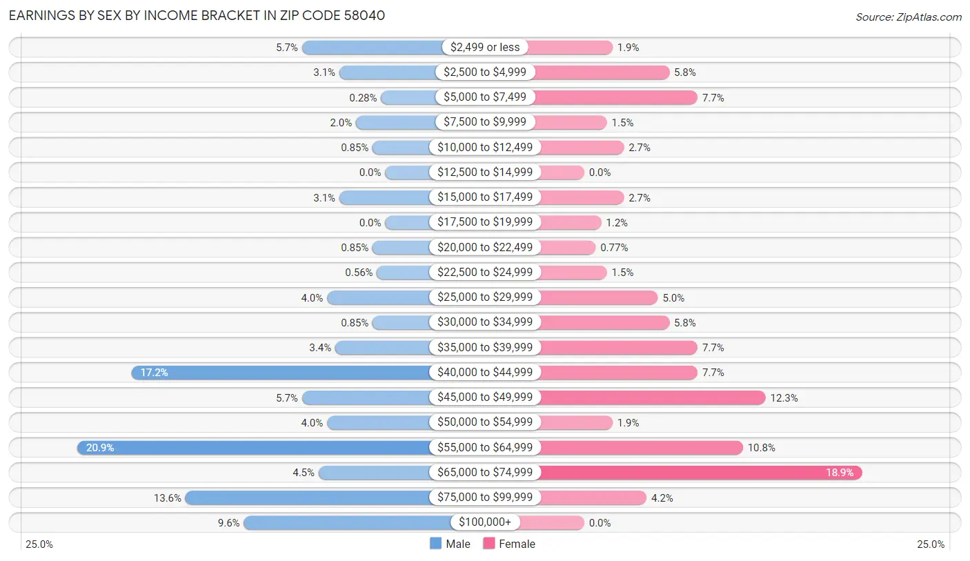 Earnings by Sex by Income Bracket in Zip Code 58040