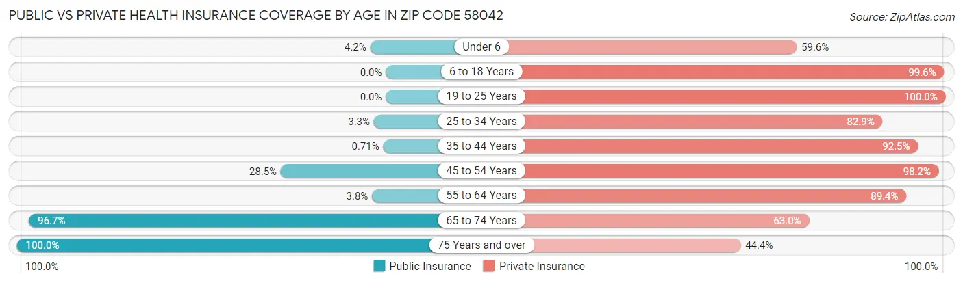 Public vs Private Health Insurance Coverage by Age in Zip Code 58042