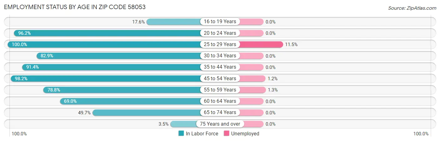 Employment Status by Age in Zip Code 58053