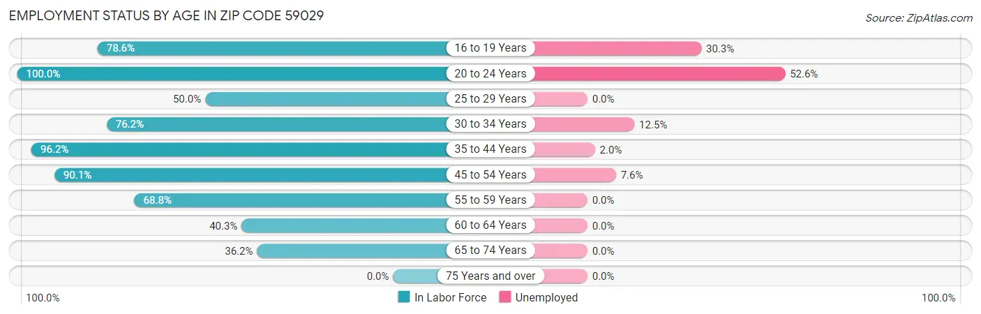 Employment Status by Age in Zip Code 59029