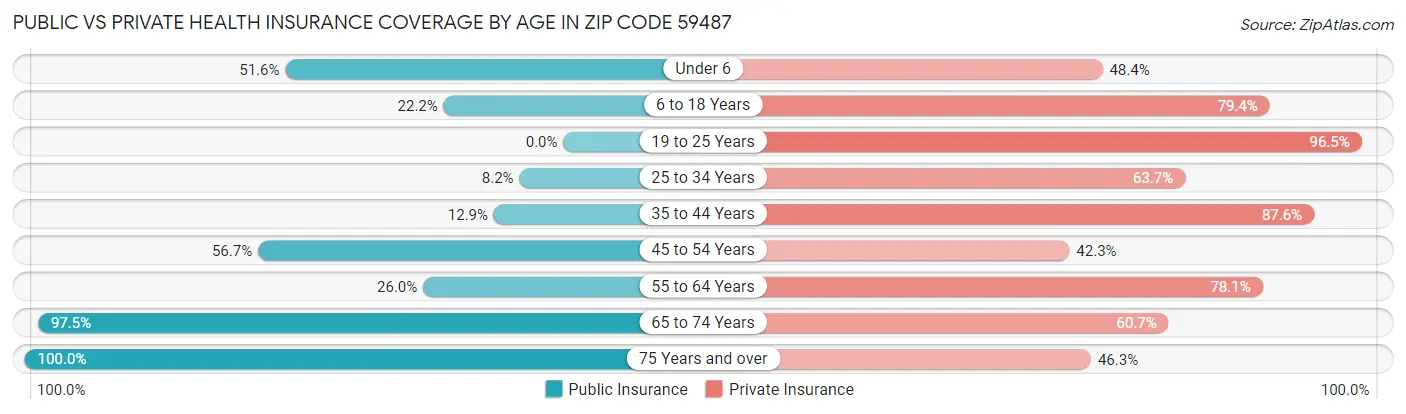 Public vs Private Health Insurance Coverage by Age in Zip Code 59487