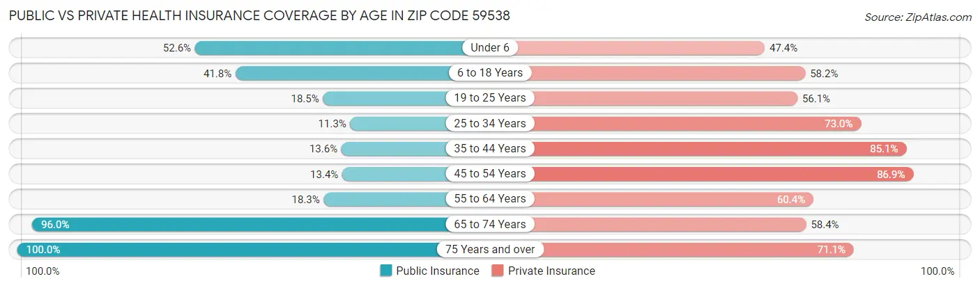 Public vs Private Health Insurance Coverage by Age in Zip Code 59538