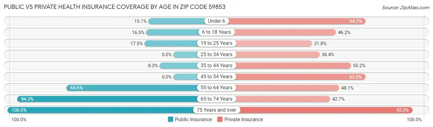 Public vs Private Health Insurance Coverage by Age in Zip Code 59853