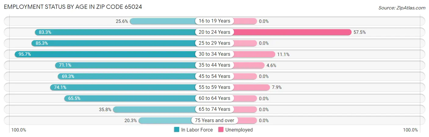 Employment Status by Age in Zip Code 65024