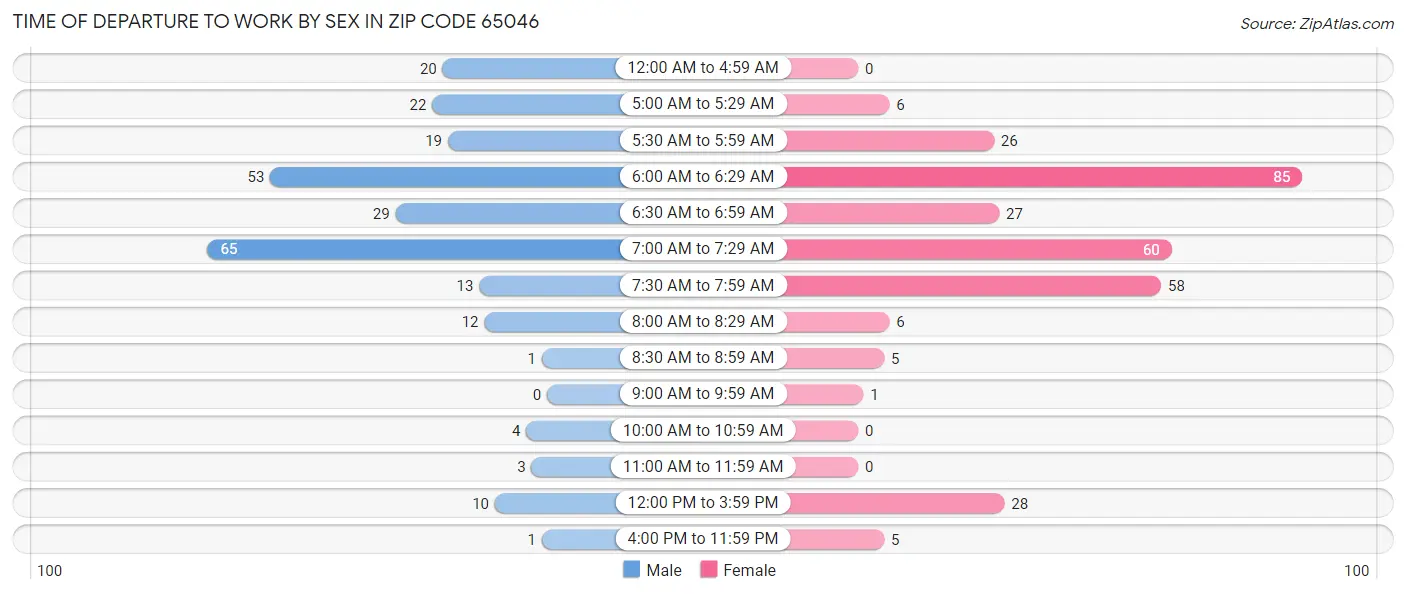 Time of Departure to Work by Sex in Zip Code 65046