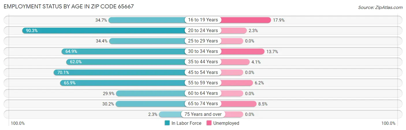 Employment Status by Age in Zip Code 65667