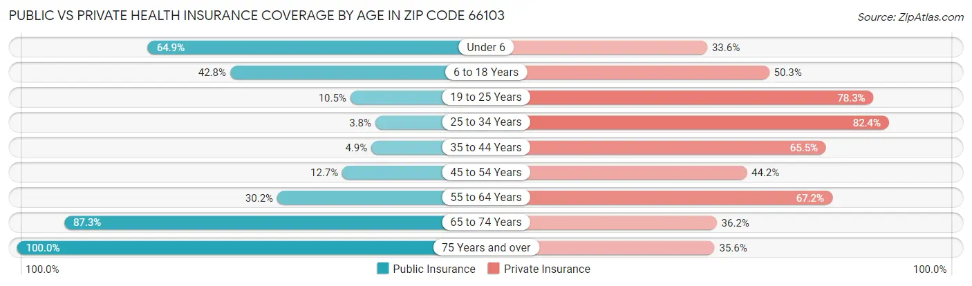 Public vs Private Health Insurance Coverage by Age in Zip Code 66103