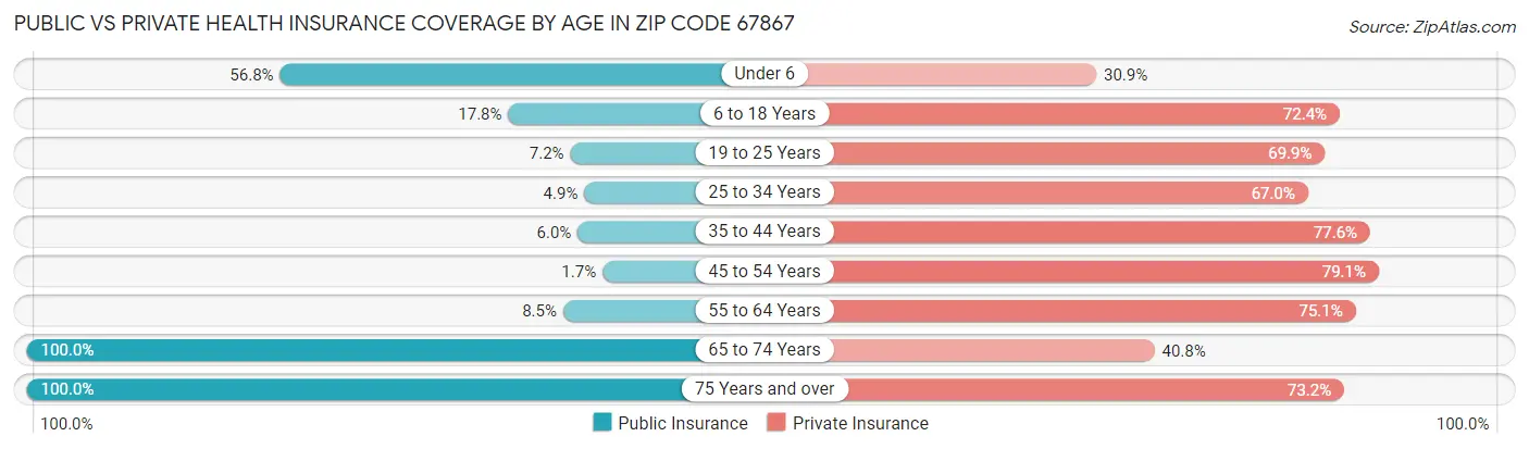 Public vs Private Health Insurance Coverage by Age in Zip Code 67867