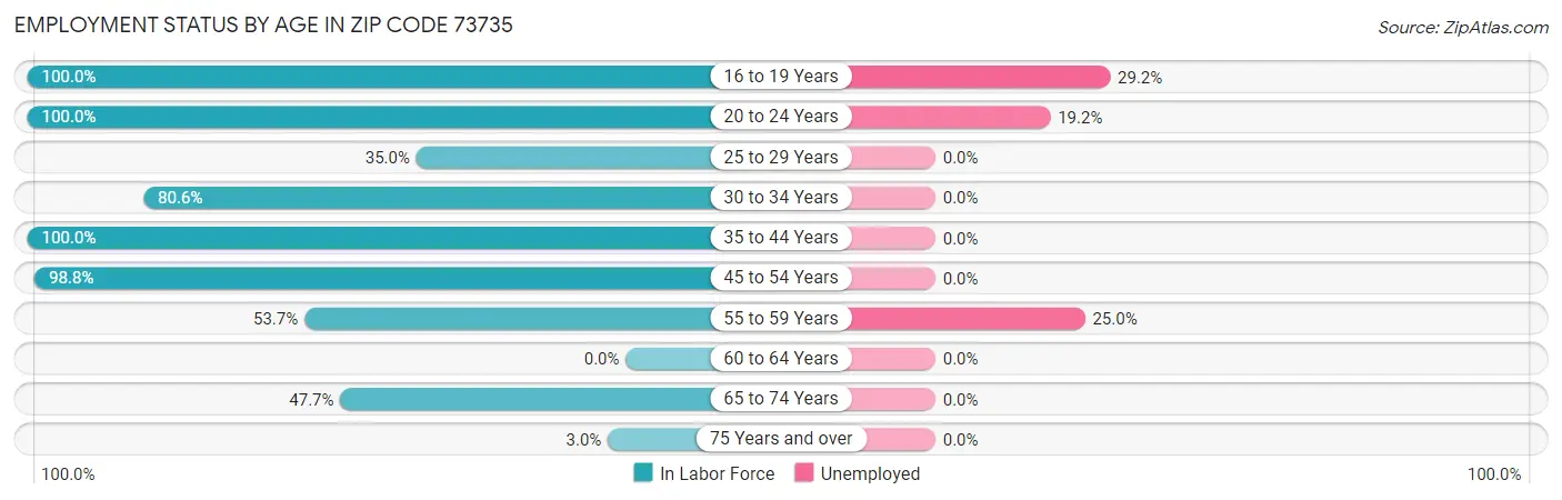 Employment Status by Age in Zip Code 73735
