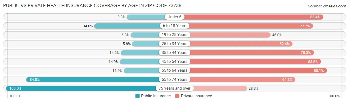 Public vs Private Health Insurance Coverage by Age in Zip Code 73738