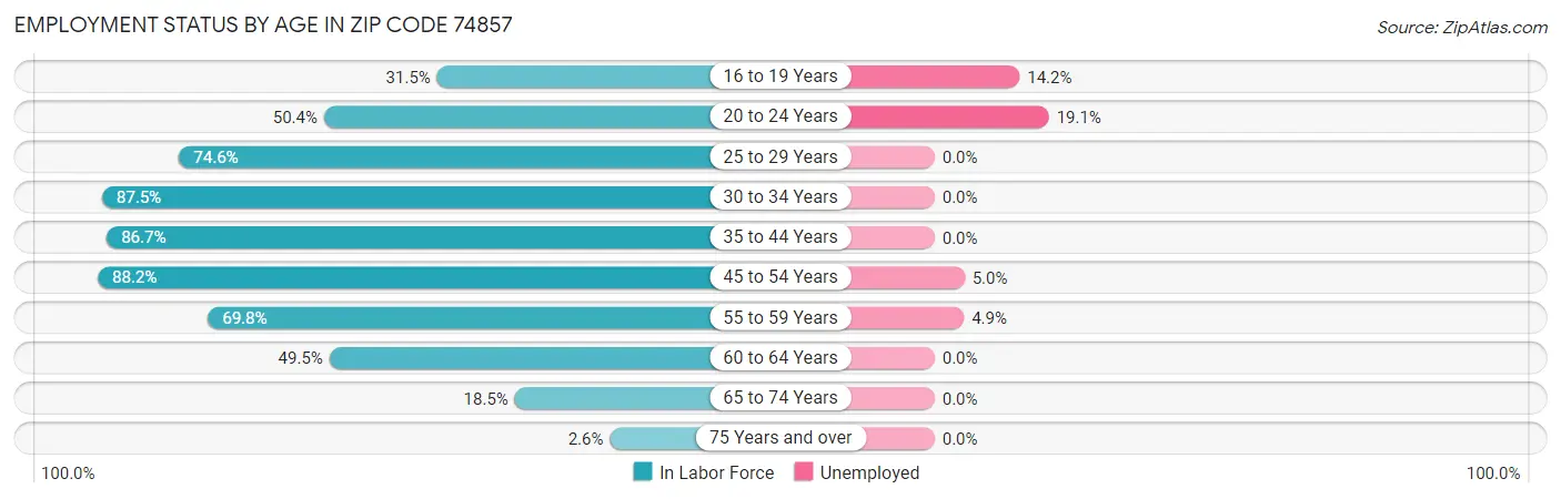 Employment Status by Age in Zip Code 74857