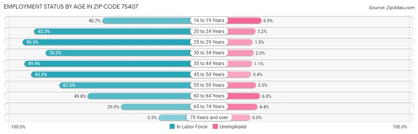 Employment Status by Age in Zip Code 75407