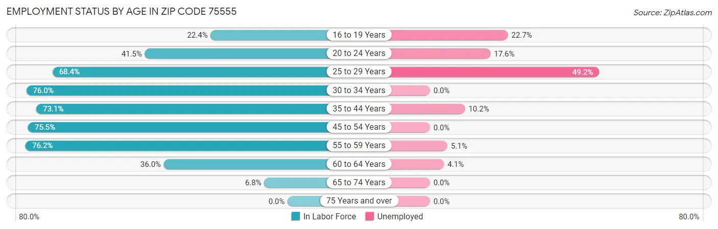 Employment Status by Age in Zip Code 75555