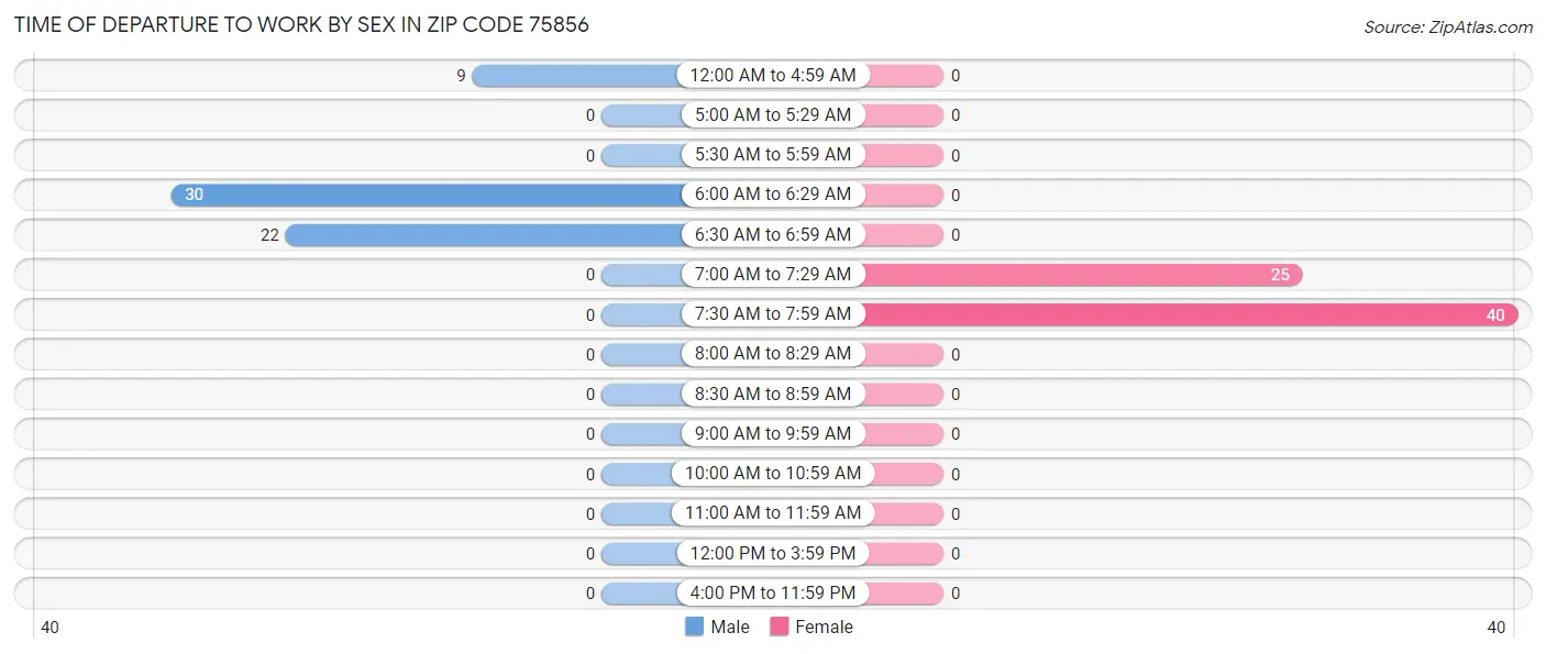Time of Departure to Work by Sex in Zip Code 75856
