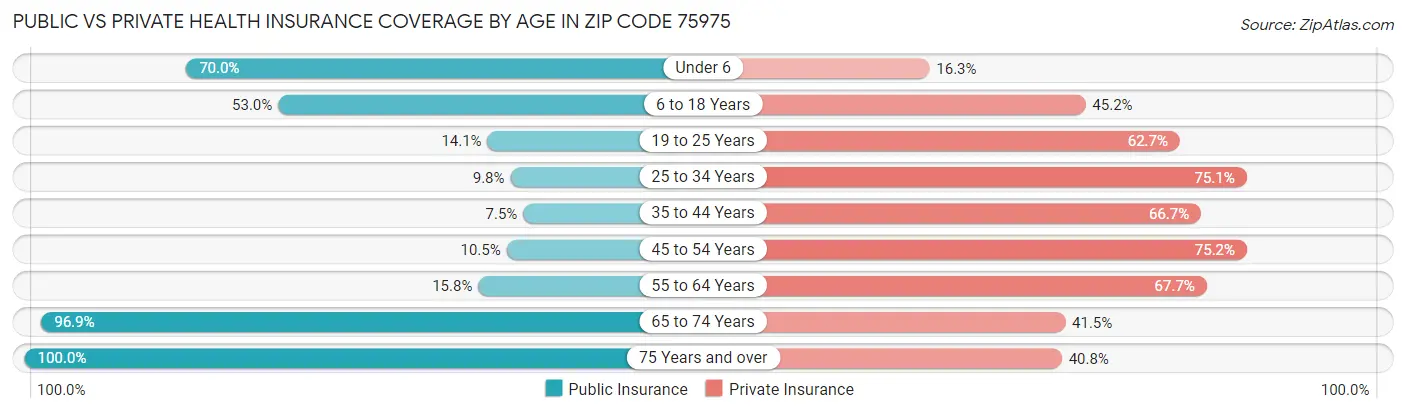 Public vs Private Health Insurance Coverage by Age in Zip Code 75975