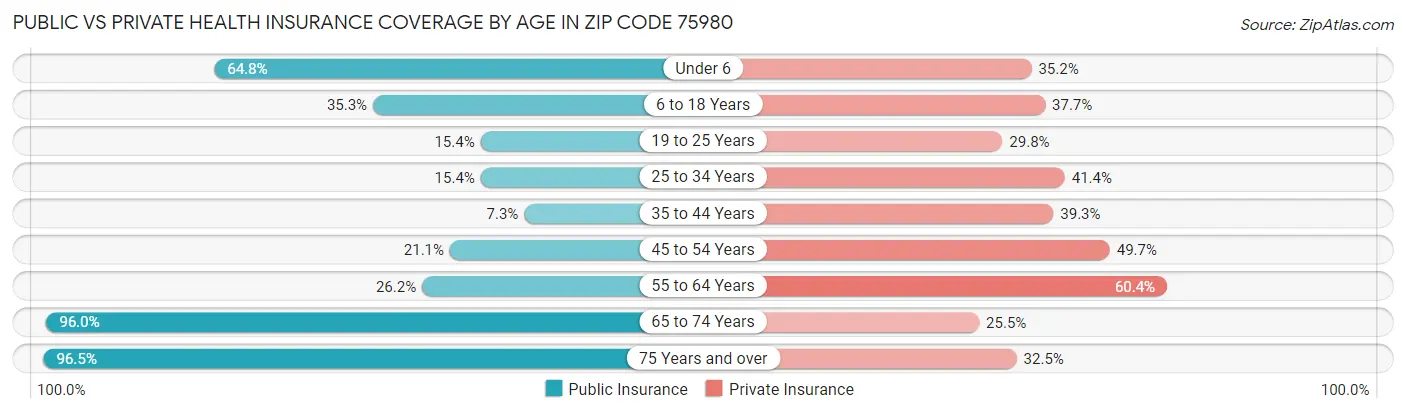Public vs Private Health Insurance Coverage by Age in Zip Code 75980