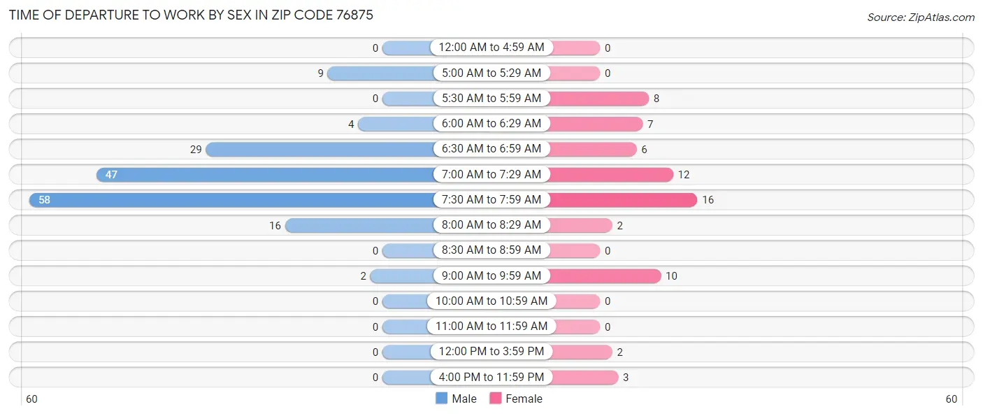 Time of Departure to Work by Sex in Zip Code 76875