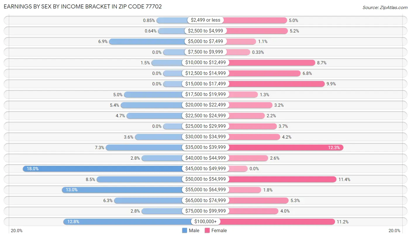 Earnings by Sex by Income Bracket in Zip Code 77702