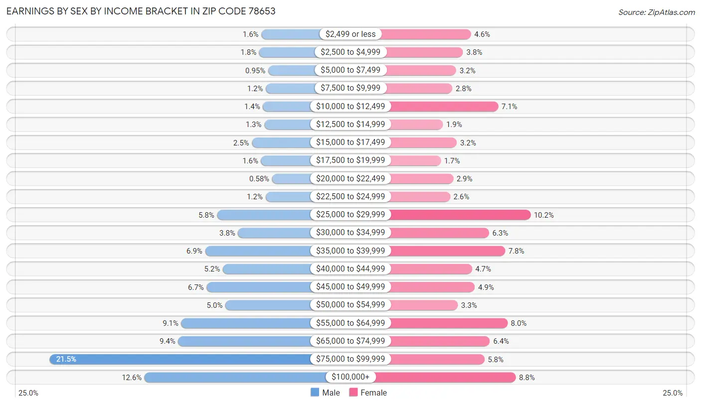 Earnings by Sex by Income Bracket in Zip Code 78653