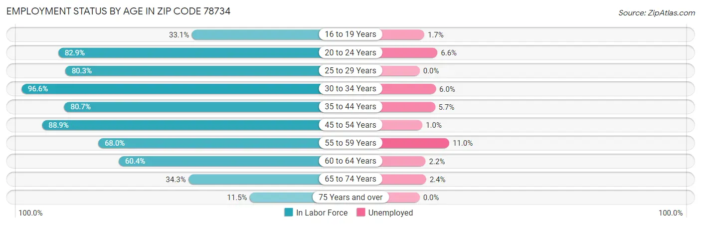 Employment Status by Age in Zip Code 78734