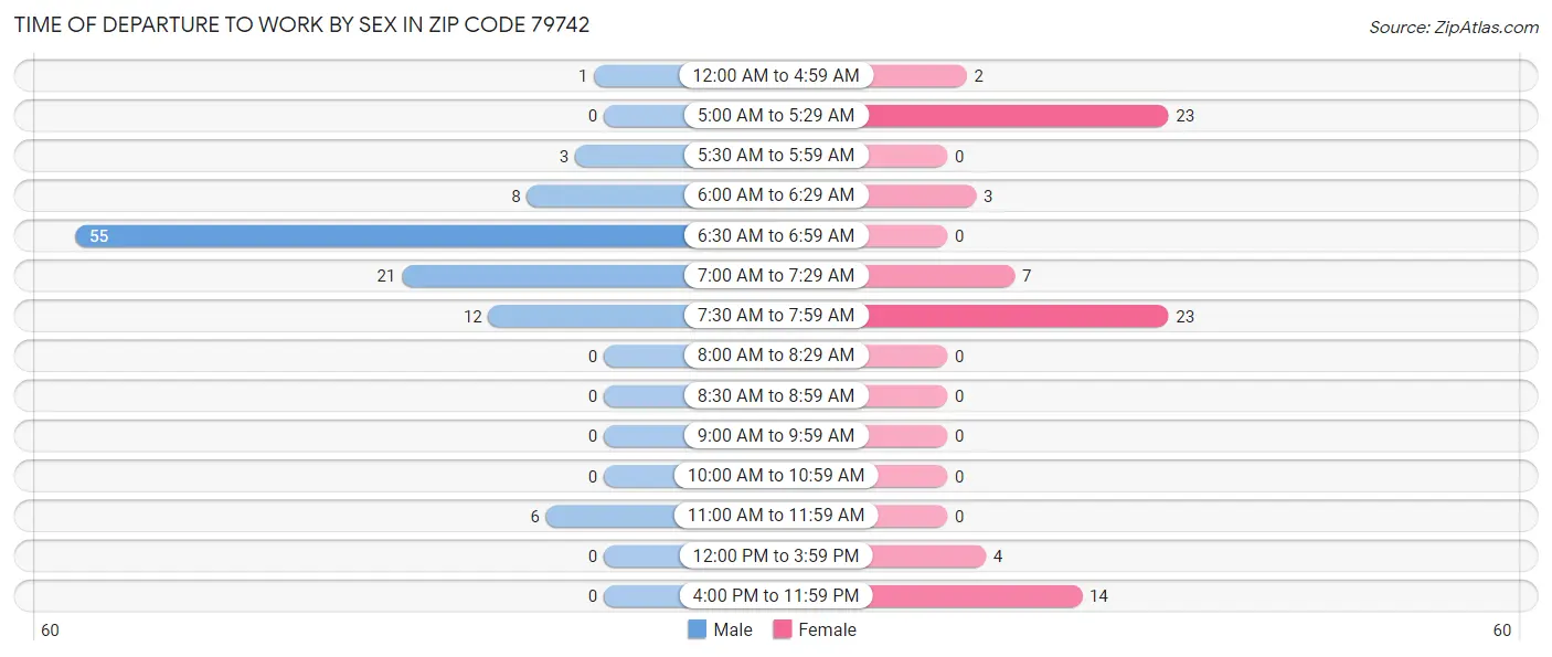 Time of Departure to Work by Sex in Zip Code 79742
