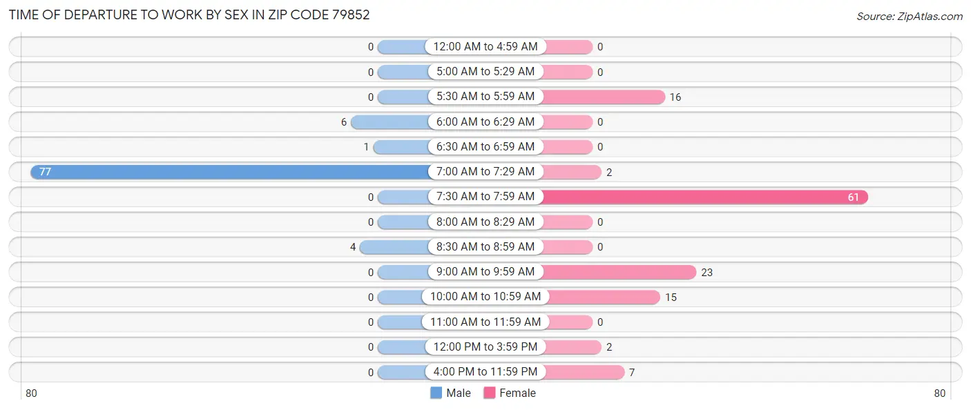 Time of Departure to Work by Sex in Zip Code 79852